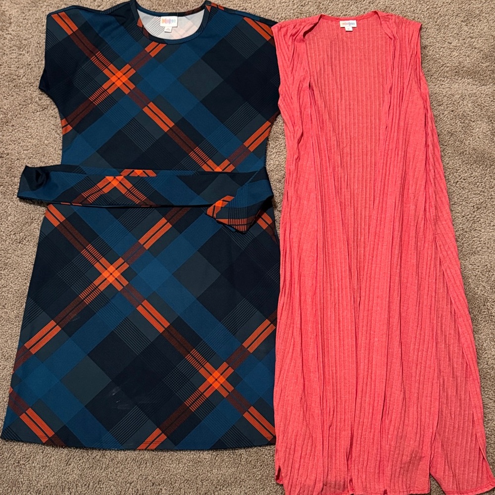 LuLaRoe Blue and Orange Plaid Dress with Red Duster